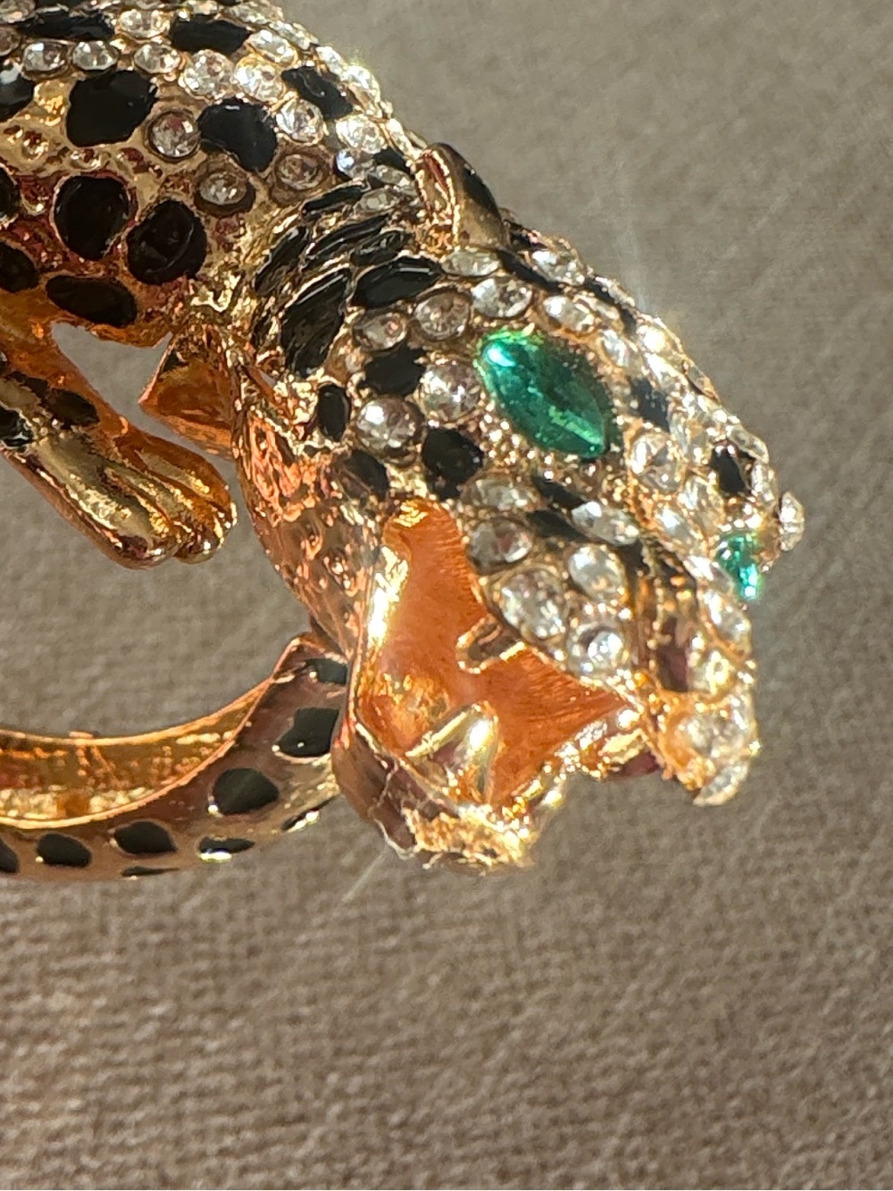 Stunning Gold Panther Cuff Bracelet with Black Spots, Green Eyes. like Cartier